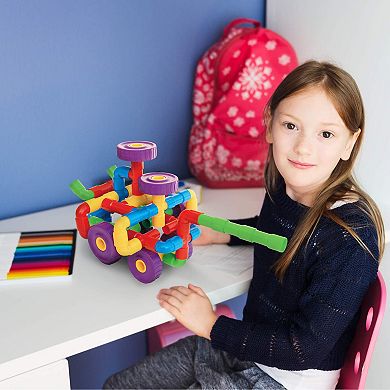 PicassoTiles 136 PC Pipe Tube Wheel, Construction Building Engineering Set, STEM Toy for Kids 3+