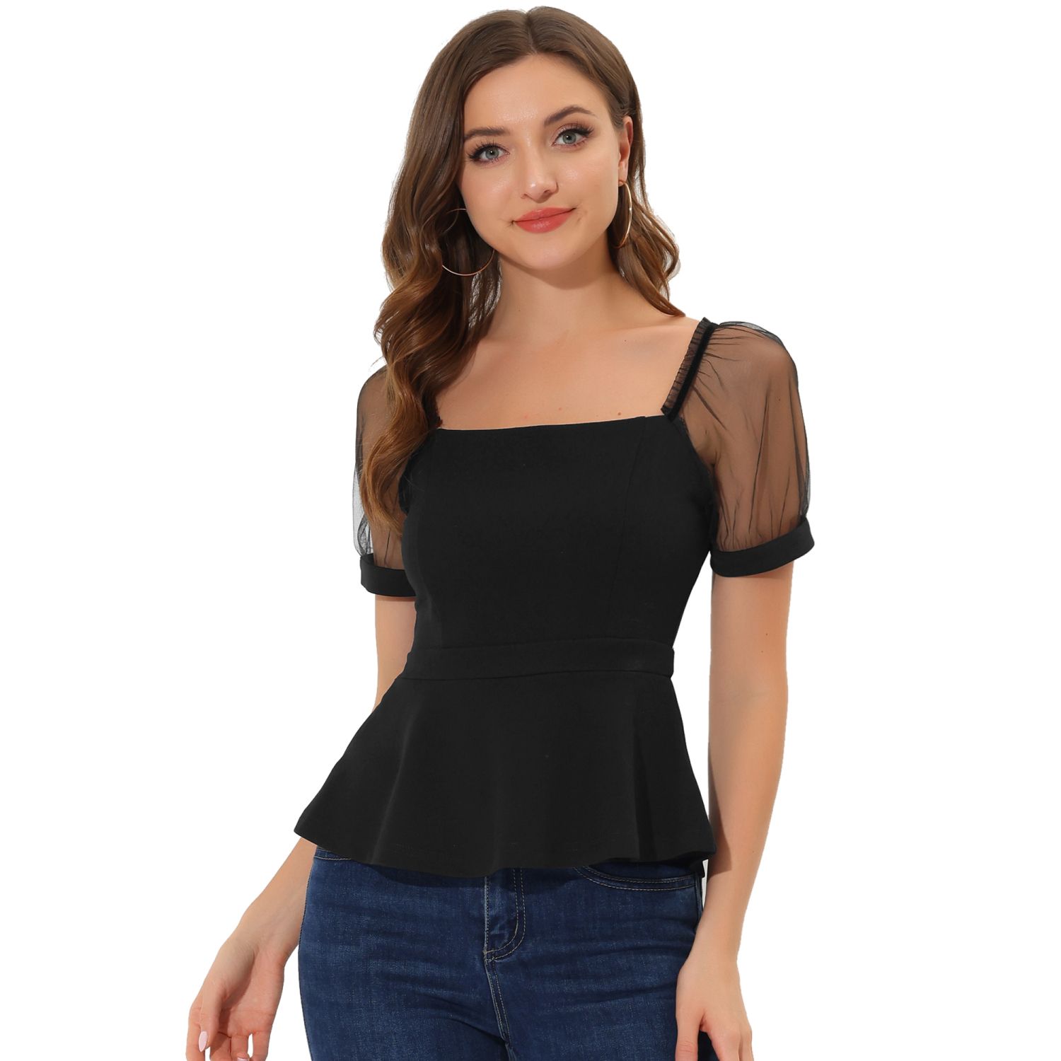 Women's Square Neck Sleeve Peplum Tops