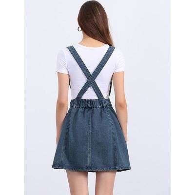 Women's Washed Cotton Button Front a Line Casual Mini Suspender Skirt