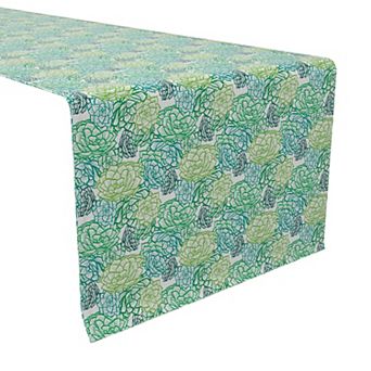 Table Runner, 100% Cotton, 16x72", Stenciled Green Succulents