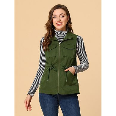 Women's Sleeveless Drawstring Waist Zipper Pocket Utility Vest