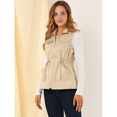 Women's Sleeveless Drawstring Waist Zipper Pocket Utility Vest