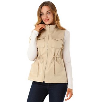 Women's Sleeveless Drawstring Waist Zipper Pocket Utility Vest