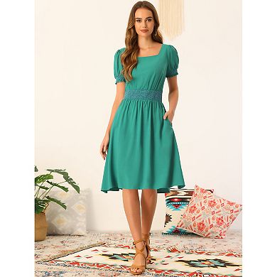 Fashionable square neck contrast patchwork dress