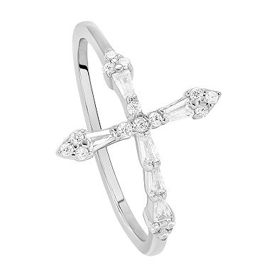 PRIMROSE Sterling Silver Cubic Zirconia Sideways Cross Band Ring 