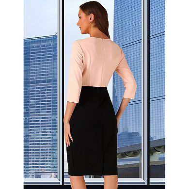 Women's Sheath Dresses Contrast Color 3/4 Sleeve Bodycon Work Office Pencil Dress