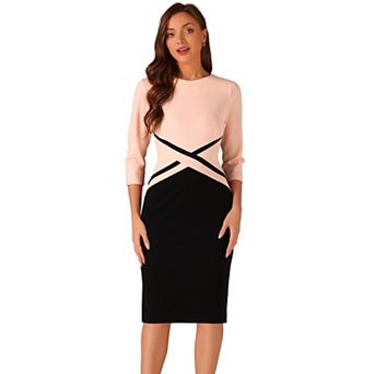Women's Sheath Dresses Contrast Color 3/4 Sleeve Bodycon Work Office Pencil Dress