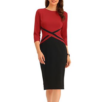 Women's Sheath Dresses Contrast Color 3/4 Sleeve Bodycon Work Office Pencil Dress