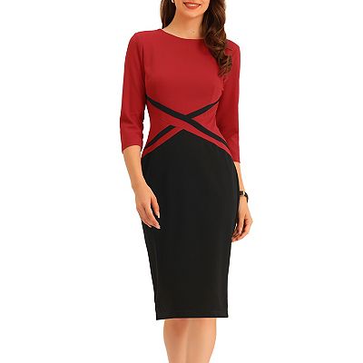 Contrast Color 3/4 Sleeve Bodycon Work Office Pencil Sheath Dress, Dark Green / XL