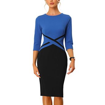 Women's Sheath Dresses Contrast Color 3/4 Sleeve Bodycon Work Office Pencil Dress