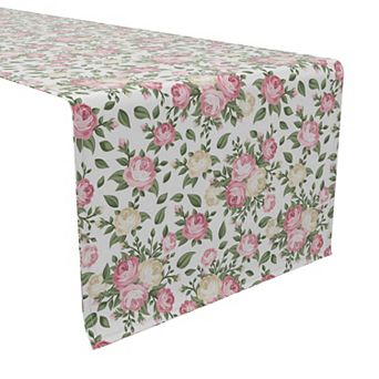 Table Runner, 100% Cotton, 16x108", White and Pink Rose Bunches