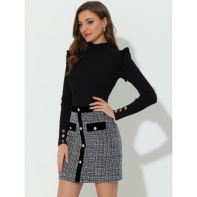 Women's Plaid Tweed Contrast Color Button Decor High Waist Mini Skirt