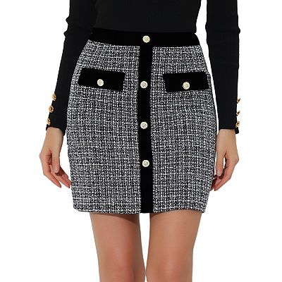 Women s Plaid Tweed Contrast Color Button Decor High Waist Mini Skirt