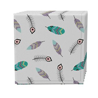 Napkin Set of 4, 100% Cotton, 20x20", Boho Print Feathers