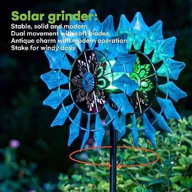 Solar Wind Spinner With Seasonal Led Lighting, Solar Powered Glass Ball, And Kinetic Wind Spinner