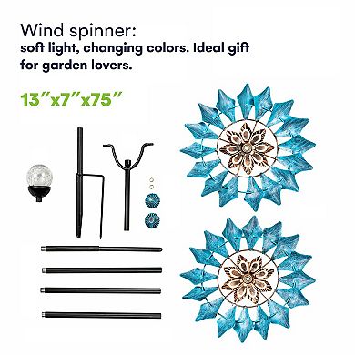 Solar Wind Spinner With Seasonal Led Lighting, Solar Powered Glass Ball, And Kinetic Wind Spinner