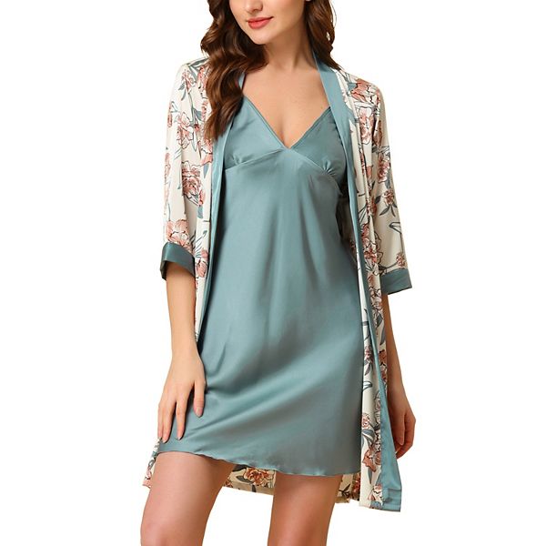 Women's Pajama Set Silk Cami Top Nightdress Robe Floral Satin Sets