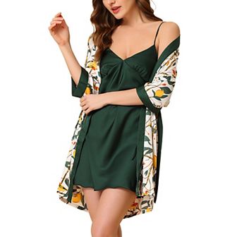 Women's Pajama Set Silk Cami Top Nightdress Robe Floral Satin Sets