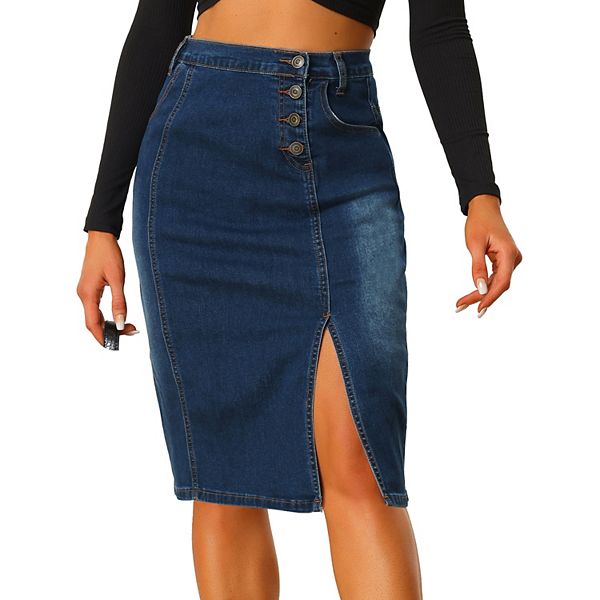 Women's Denim Skirt for Women's Button Decor Side Slit Slash Pocket ...