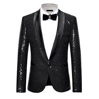Men's Sequin Sport Coats Shawl Lapel One Button Wedding Shiny Blazer