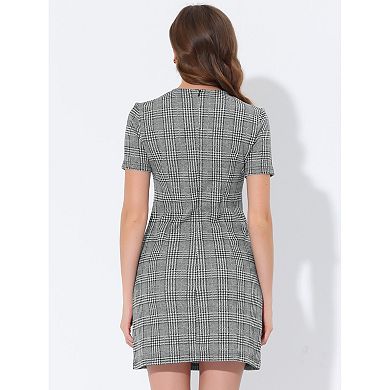 Women's Vintage Houndstooth Round Neck Short Sleeve Office Pencil Sheath Dress