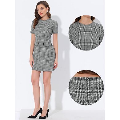 Women's Vintage Houndstooth Round Neck Short Sleeve Office Pencil Sheath Dress