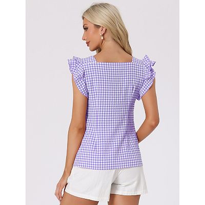 Summer Gingham Tops for Women's Square Neck Ruffle Sleeve Blouse