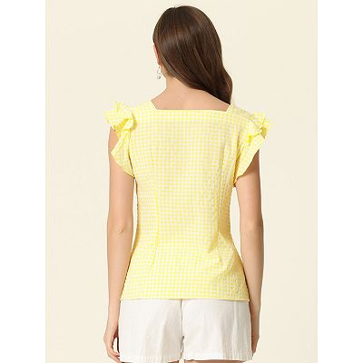 Summer Gingham Tops for Women's Square Neck Ruffle Sleeve Blouse