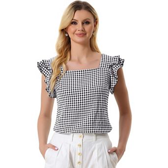 Summer Gingham Tops for Women's Square Neck Ruffle Sleeve Blouse