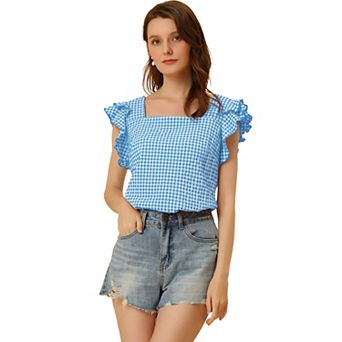 Summer Gingham Tops for Women's Square Neck Ruffle Sleeve Blouse