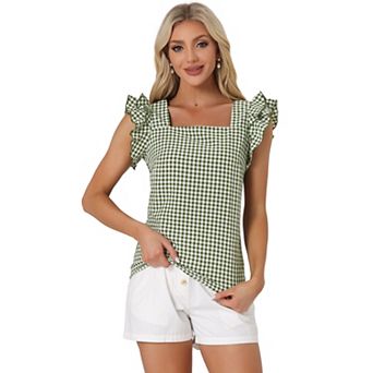 Summer Gingham Tops for Women's Square Neck Ruffle Sleeve Blouse
