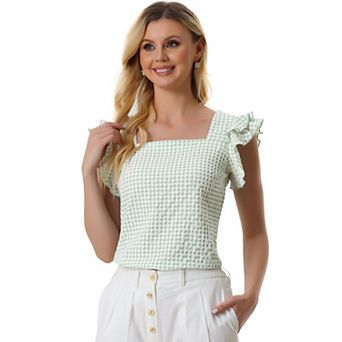 Summer Gingham Tops For Women's Square Neck Ruffle Sleeve Blouse