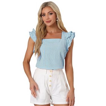 Summer Gingham Tops for Women's Square Neck Ruffle Sleeve Blouse