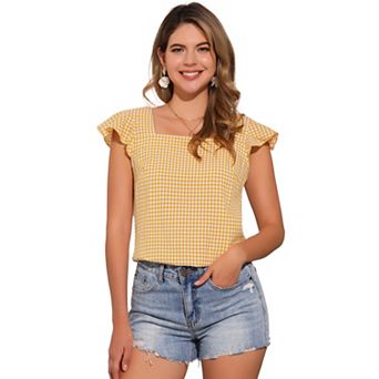 Summer Gingham Tops For Women's Square Neck Ruffle Sleeve Blouse