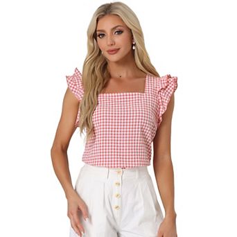 Summer Gingham Tops for Women's Square Neck Ruffle Sleeve Blouse
