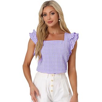 Summer Gingham Tops for Women's Square Neck Ruffle Sleeve Blouse