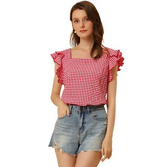Summer Gingham Tops for Women's Square Neck Ruffle Sleeve Blouse