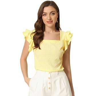 Summer Gingham Tops for Women's Square Neck Ruffle Sleeve Blouse