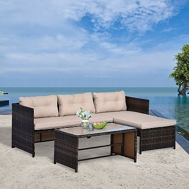 Outsunny 3-Piece Patio Furniture Set Rattan Sectional Wicker Sofa Lounger Balcony Furniture