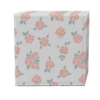 Napkin Set of 4, 100% Cotton, 20x20", Illustration of Pink Roses