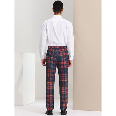 Men's Plaid Dress Pants Casual Flat Front Stretch Trousers
