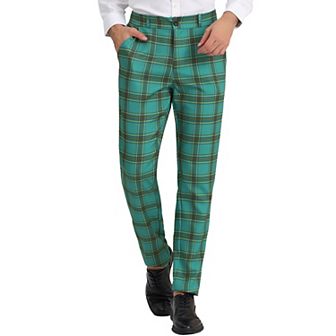 Men's Plaid Dress Pants Casual Flat Front Stretch Trousers