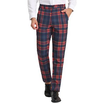 Men's Plaid Dress Pants Casual Flat Front Stretch Trousers