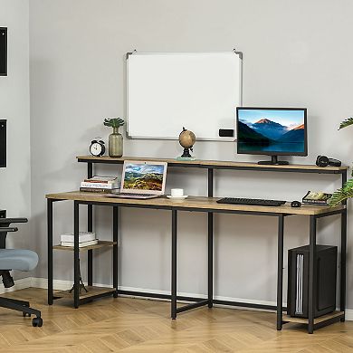 Wood Grain Double Computer Desk Table With Cpu Tower Shelf, Black/brown