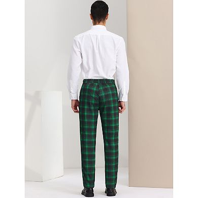 Men's Checked Suit Pants Flat Front Elastic Waist Plaid Pants
