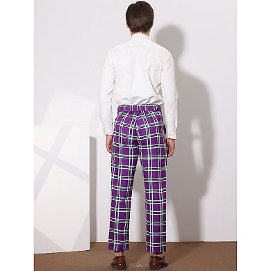 Men's Checked Suit Pants Flat Front Elastic Waist Plaid Pant