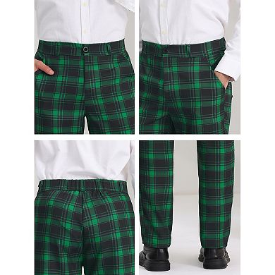 Men's Checked Suit Pants Flat Front Elastic Waist Plaid Pants