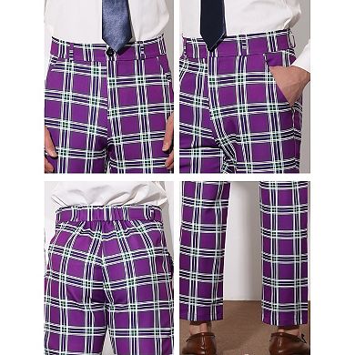 Men's Checked Suit Pants Flat Front Elastic Waist Plaid Pant