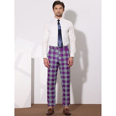 Men's Checked Suit Pants Flat Front Elastic Waist Plaid Pant