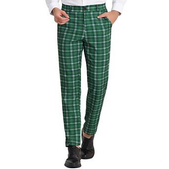 Men's Checked Suit Pants Flat Front Elastic Waist Plaid Pant